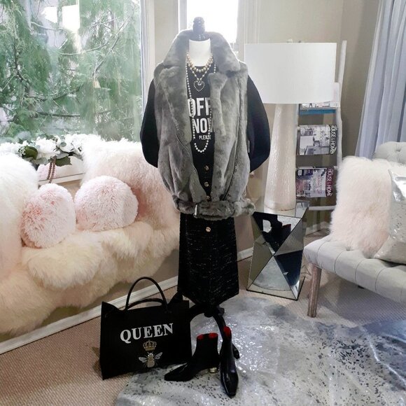 EUC Jakke green grey faux fur biker moto belted vest - Picture 2 of 9